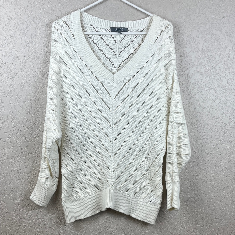 Marled Reuinted Cream/White V-Neck Sweater Pullover Size Small